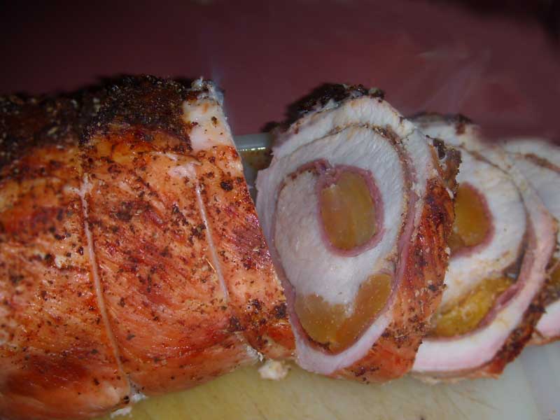 Apricot Stuffed, Pork Loin Roast, Slicing the Cooked Pork Roast Picture